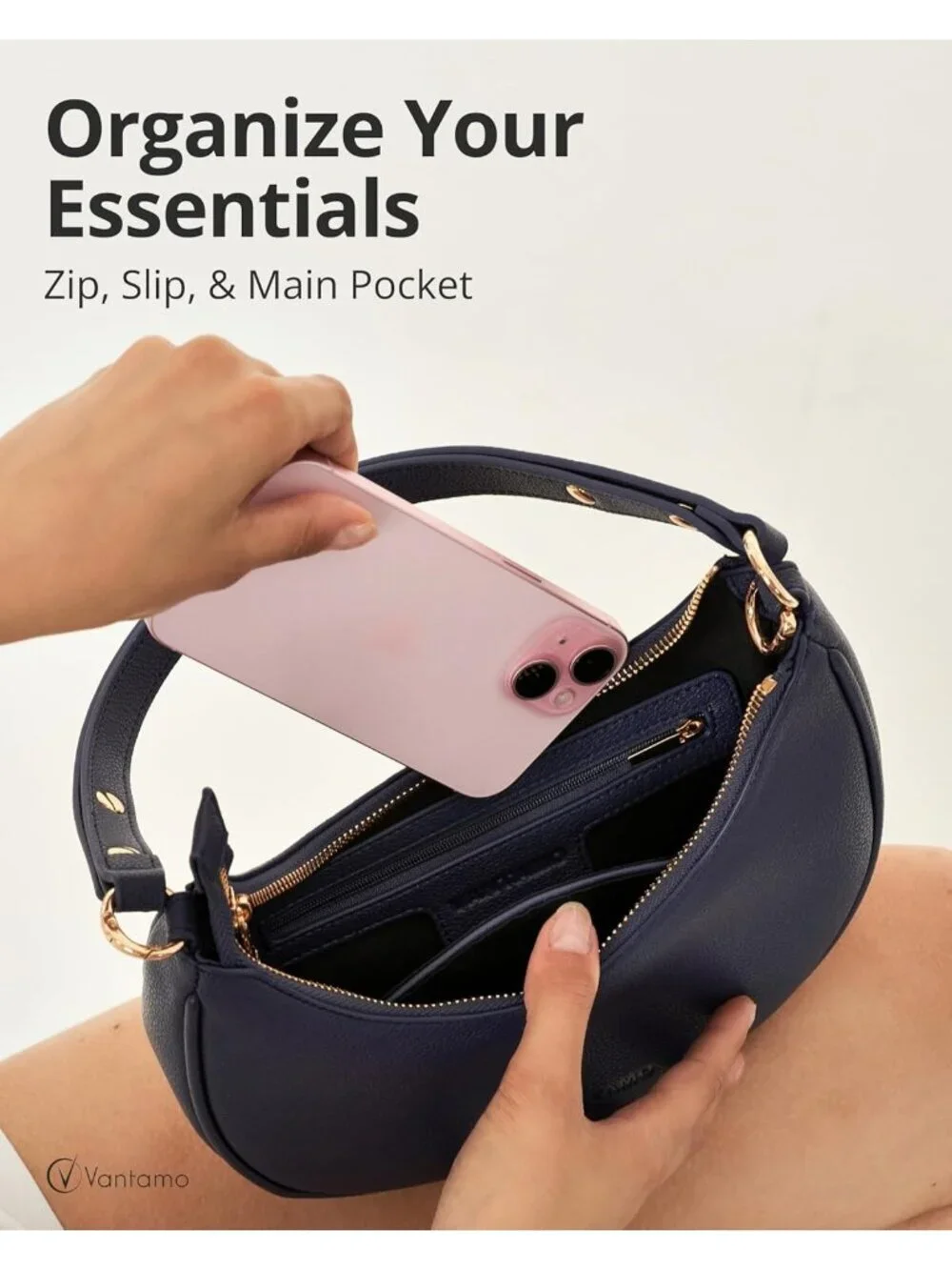 Vantamo Women's Bag Navy Half Moon Clutch with Anti-Theft Clip for Extra Safety